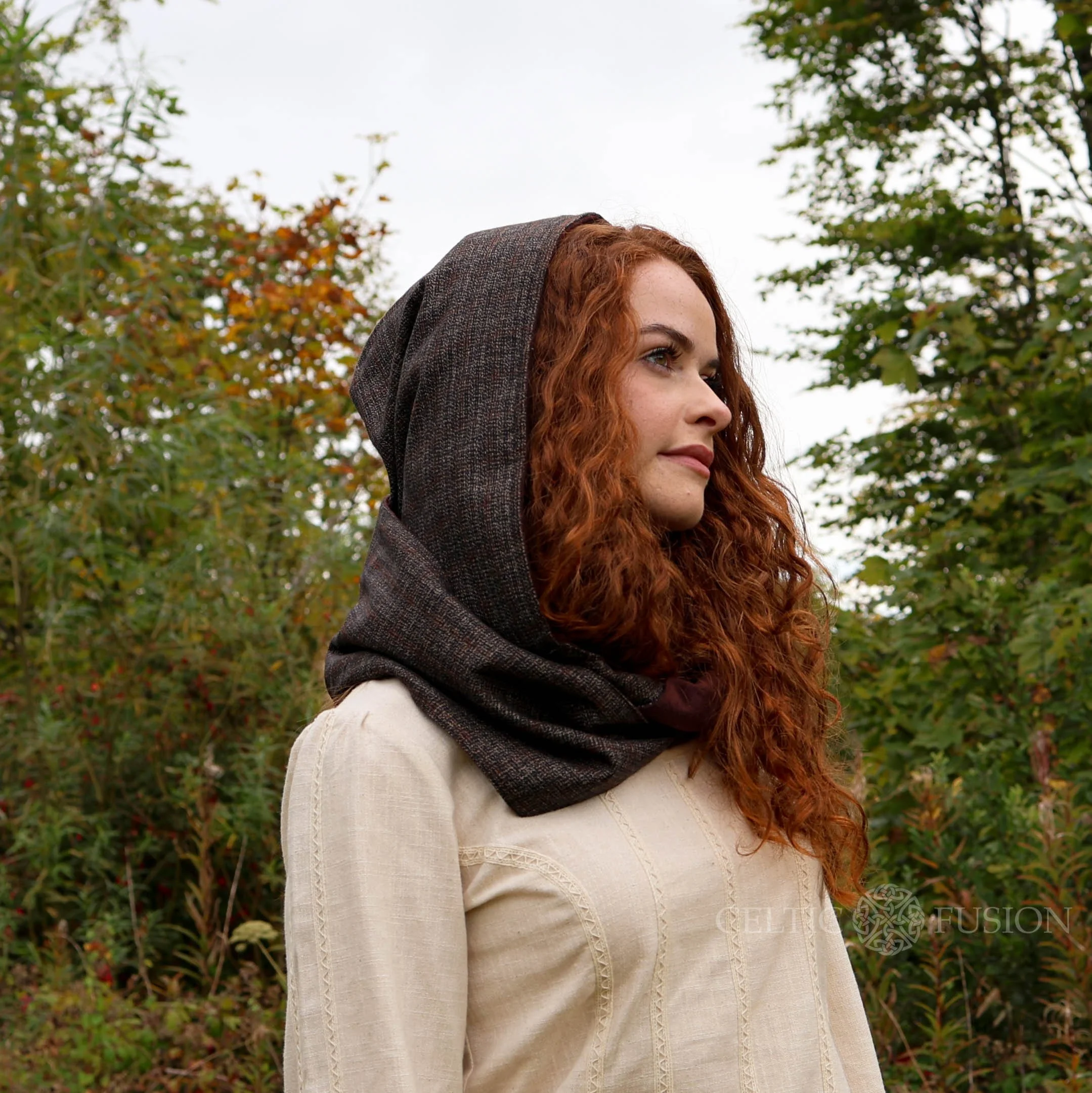 Oak Tweed Hooded Scarf With Pockets. — Celtic Fusion